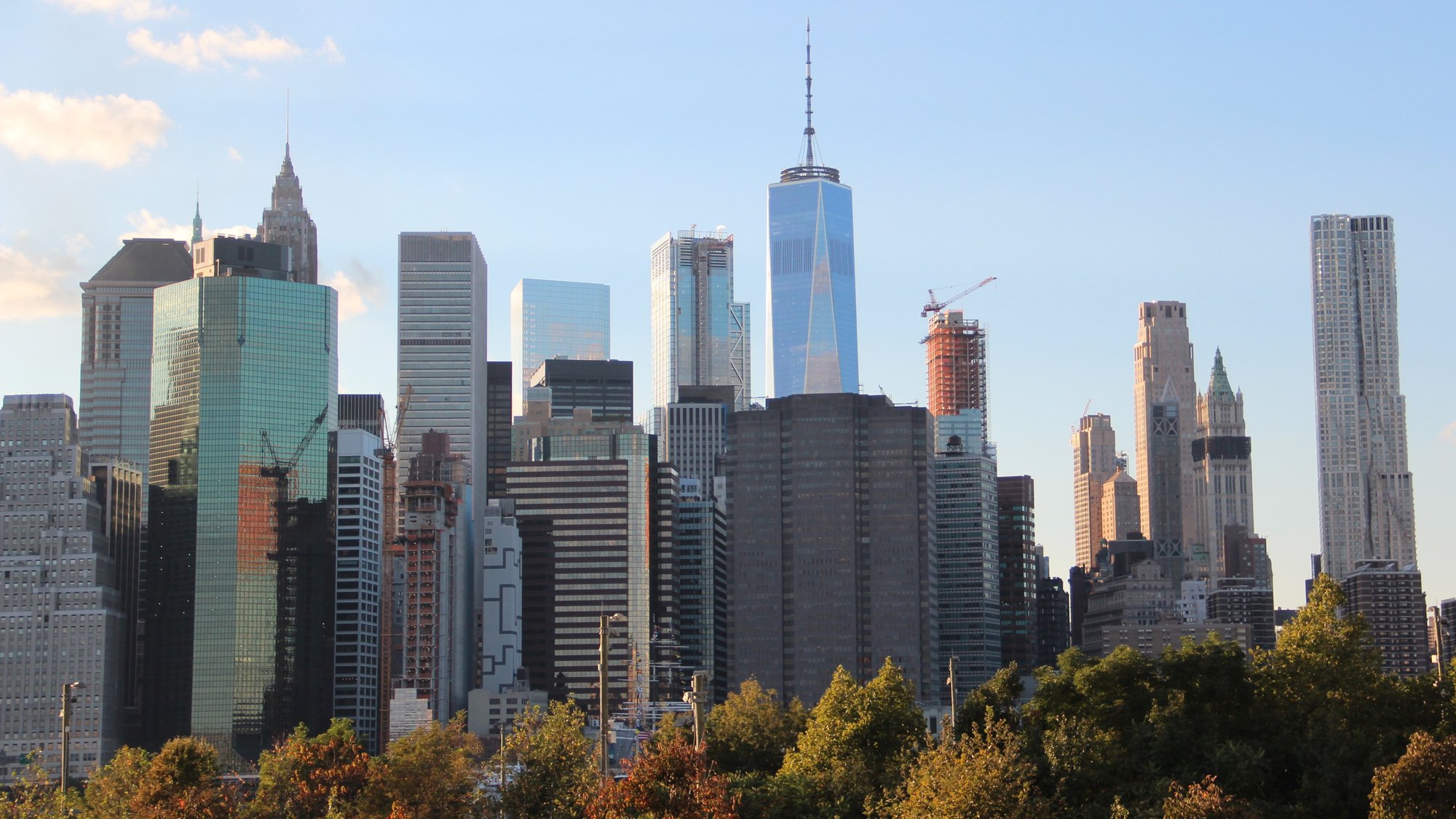 Manhattan skyline (Financial District, One World Trade Center) from Brooklyn Heights Promenade, warm autumn daylight, tree line foreground